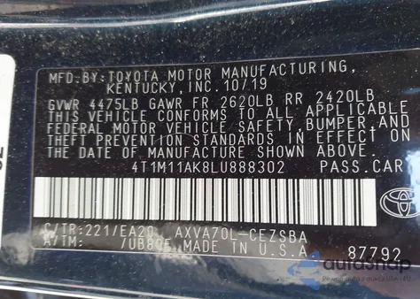 2020 Toyota Camry Se z USA, uszkodzony, nr VIN 4T1M11AK8LU888302